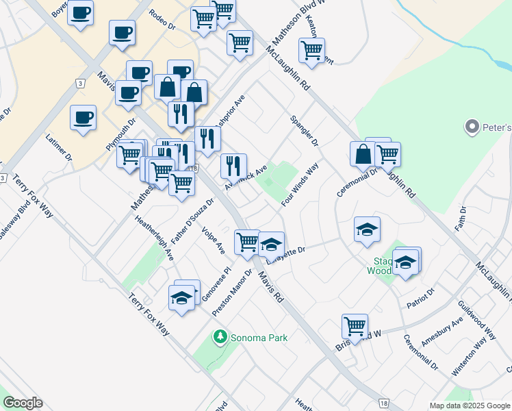 map of restaurants, bars, coffee shops, grocery stores, and more near 729 Four Winds Way in Mississauga