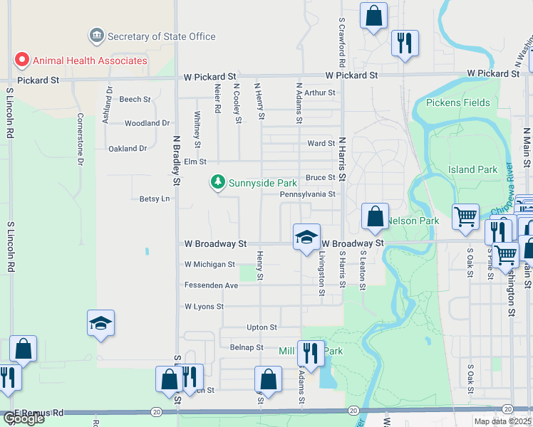 map of restaurants, bars, coffee shops, grocery stores, and more near 111 North Maxwell Street in Mount Pleasant
