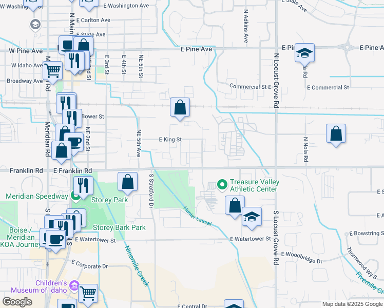 map of restaurants, bars, coffee shops, grocery stores, and more near 890 East Franklin Road in Meridian