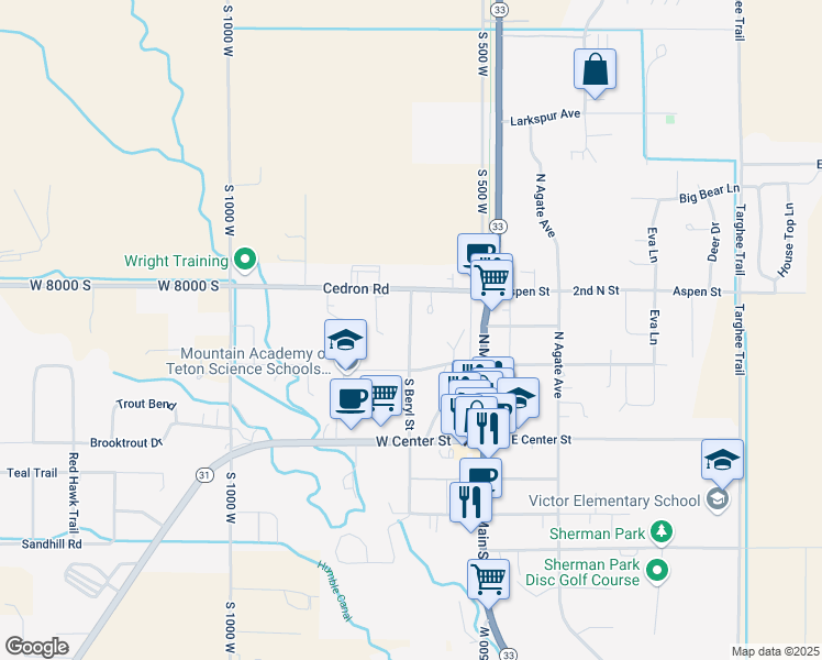 map of restaurants, bars, coffee shops, grocery stores, and more near 136 South Beryl Avenue in Victor