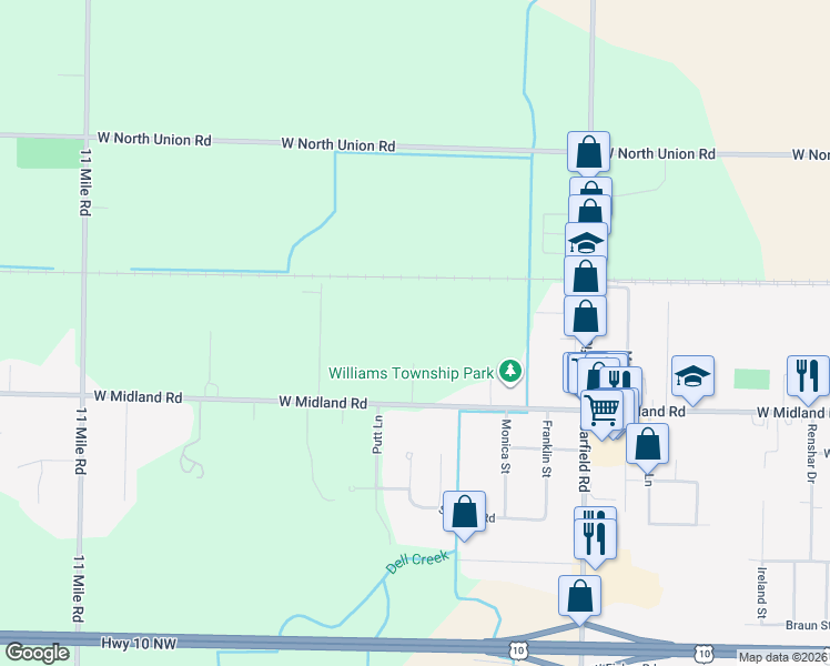 map of restaurants, bars, coffee shops, grocery stores, and more near 1160 West Midland Road in Auburn