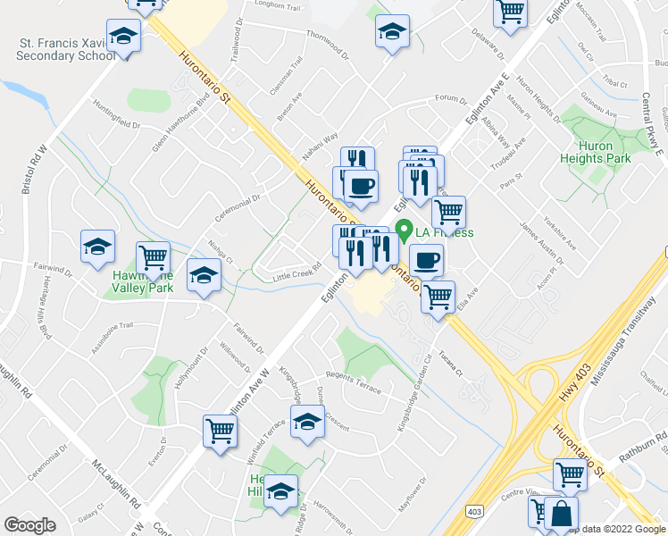 map of restaurants, bars, coffee shops, grocery stores, and more near 5008 Hurontario Street in Mississauga