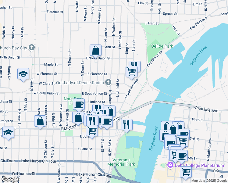 map of restaurants, bars, coffee shops, grocery stores, and more near 510 North Walnut Street in Bay City