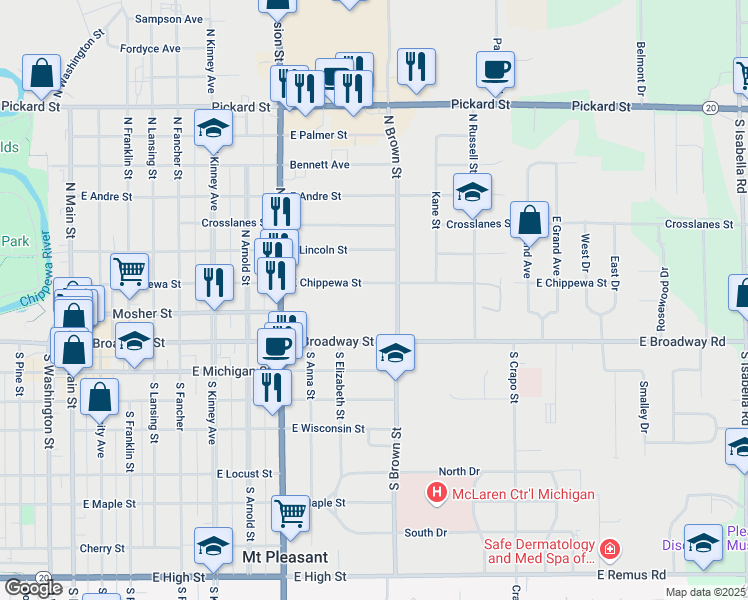 map of restaurants, bars, coffee shops, grocery stores, and more near 1109 East Chippewa Street in Mount Pleasant