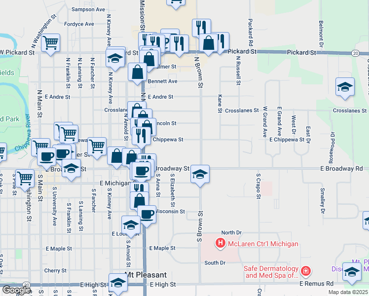 map of restaurants, bars, coffee shops, grocery stores, and more near 1109 East Chippewa Street in Mount Pleasant