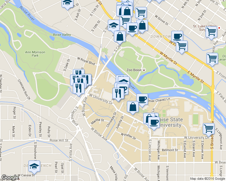 map of restaurants, bars, coffee shops, grocery stores, and more near 2357 West Cesar Chavez Lane in Boise