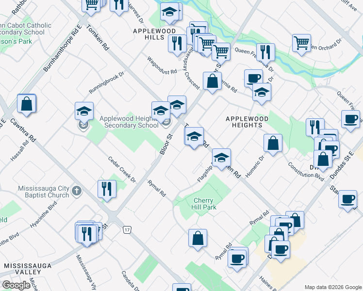 map of restaurants, bars, coffee shops, grocery stores, and more near 3392 Homark Drive in Mississauga