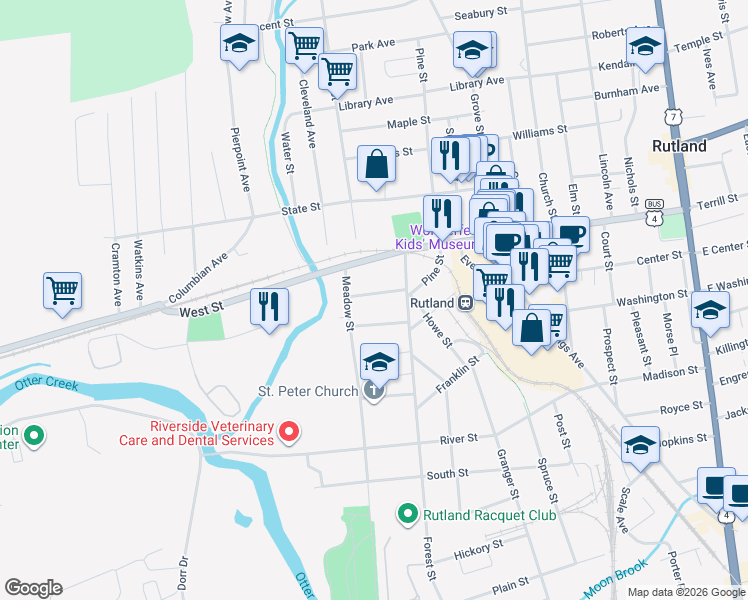 map of restaurants, bars, coffee shops, grocery stores, and more near 67 Traverse Place in Rutland