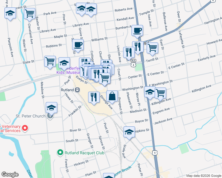 map of restaurants, bars, coffee shops, grocery stores, and more near 78 Center Street in Rutland
