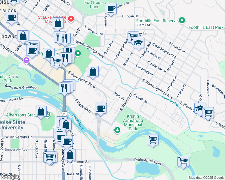 map of restaurants, bars, coffee shops, grocery stores, and more near 300 South Straughan Avenue in Boise