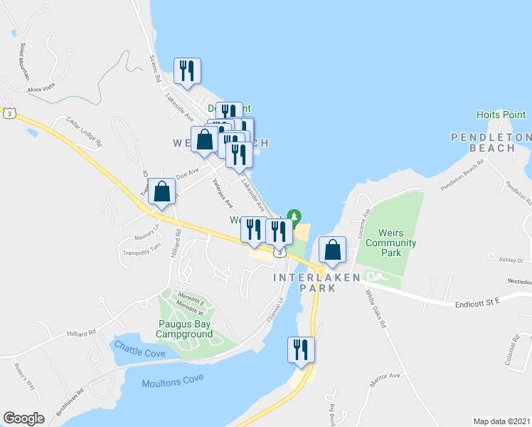 map of restaurants, bars, coffee shops, grocery stores, and more near 279 Lakeside Avenue in Laconia