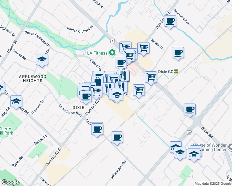 map of restaurants, bars, coffee shops, grocery stores, and more near 1248 Dundas Street East in Mississauga