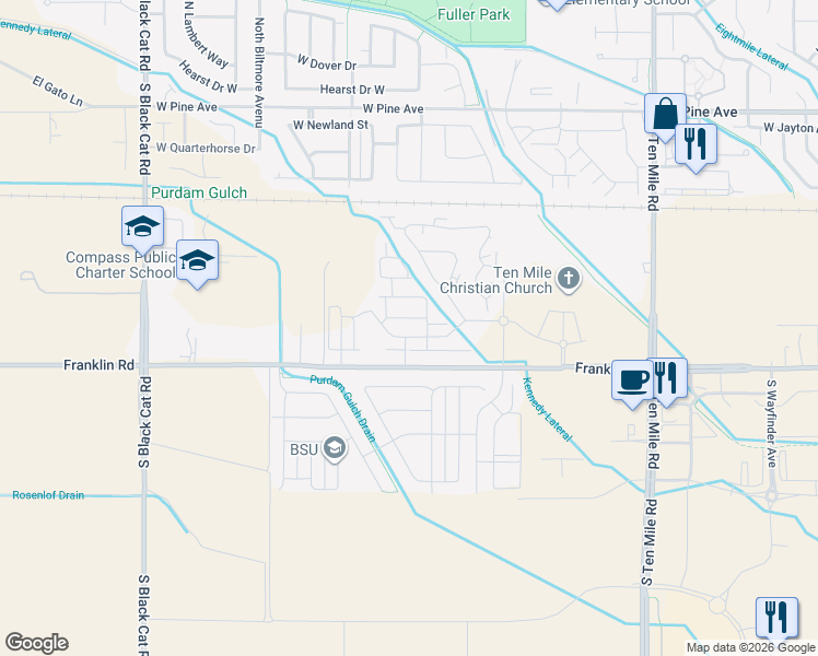 map of restaurants, bars, coffee shops, grocery stores, and more near 3968 West Perugia Street in Meridian