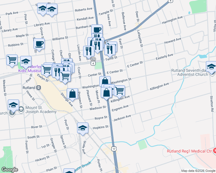 map of restaurants, bars, coffee shops, grocery stores, and more near 142 South Main Street in Rutland