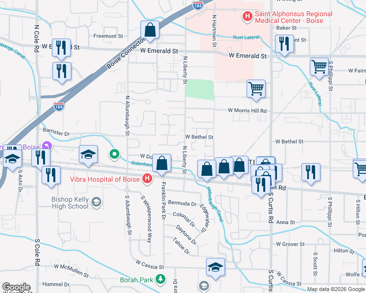 map of restaurants, bars, coffee shops, grocery stores, and more near 195 North Liberty Street in Boise