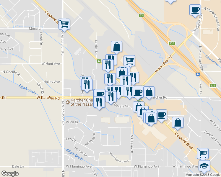 map of restaurants, bars, coffee shops, grocery stores, and more near 1813 Caldwell Boulevard in Nampa