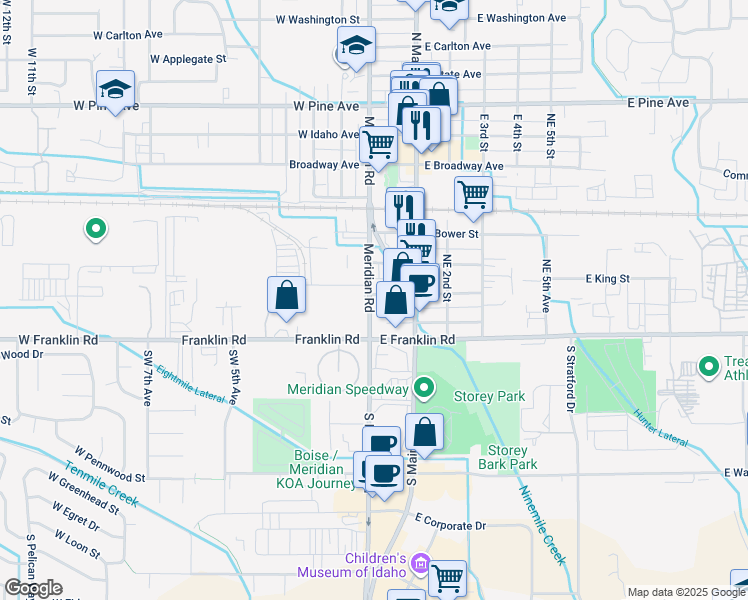 map of restaurants, bars, coffee shops, grocery stores, and more near 311 North Meridian Road in Meridian