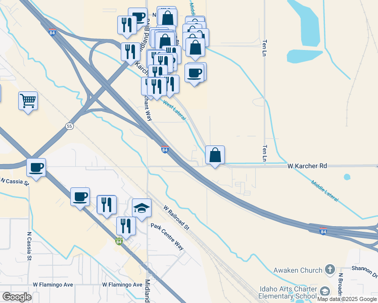 map of restaurants, bars, coffee shops, grocery stores, and more near 16056 North Merchant Way in Nampa