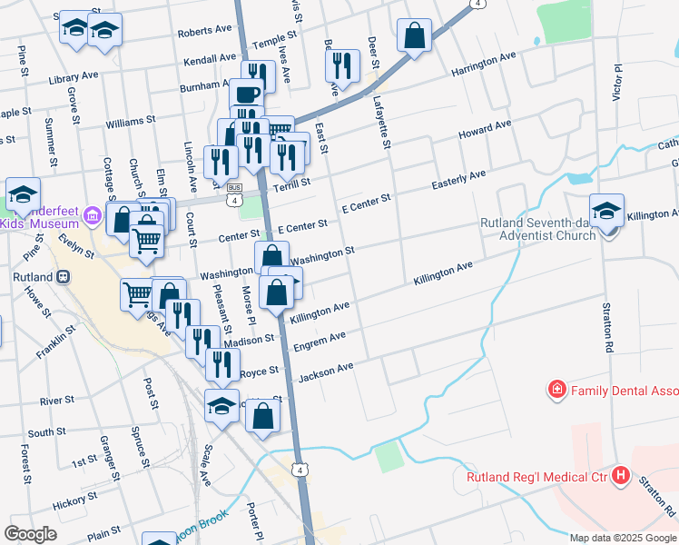 map of restaurants, bars, coffee shops, grocery stores, and more near 28 East Washington Street in Rutland