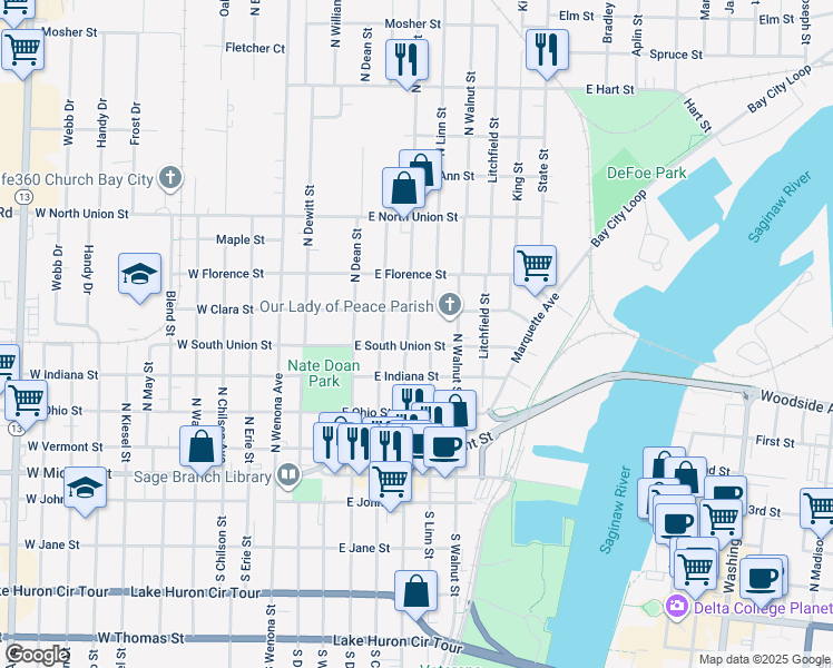 map of restaurants, bars, coffee shops, grocery stores, and more near 510 North Henry Street in Bay City