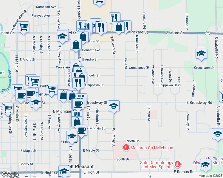 map of restaurants, bars, coffee shops, grocery stores, and more near 1109 East Chippewa Street in Mount Pleasant