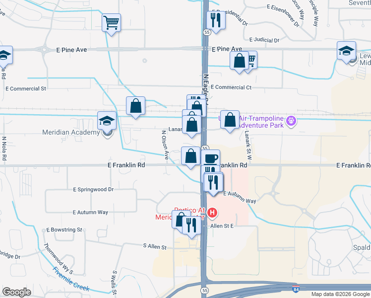 map of restaurants, bars, coffee shops, grocery stores, and more near 3083 East Lanark Street in Meridian