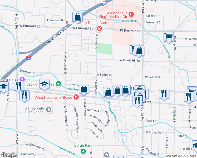 map of restaurants, bars, coffee shops, grocery stores, and more near 211 North Sea Fury Lane in Boise