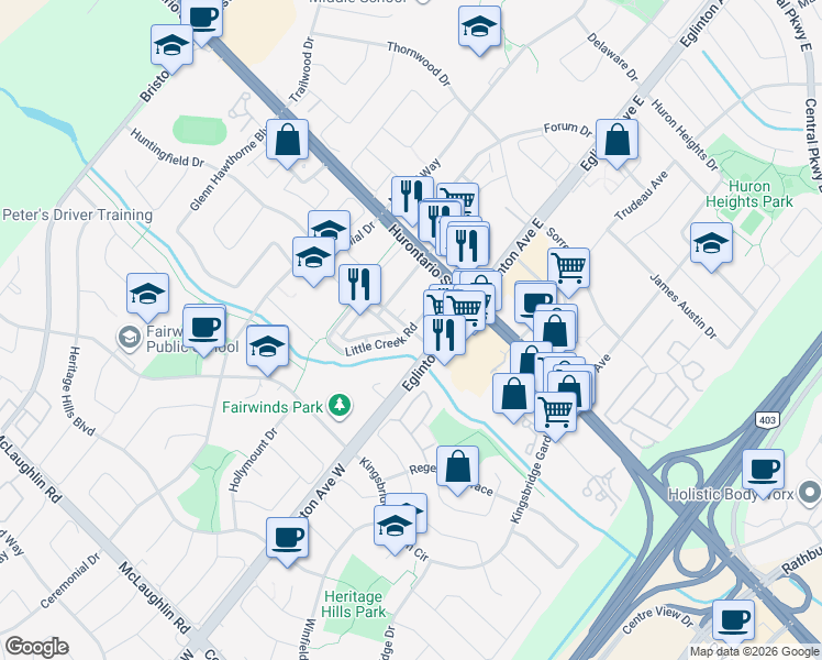 map of restaurants, bars, coffee shops, grocery stores, and more near Foursprings Avenue in Mississauga