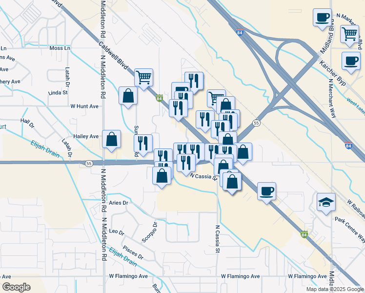 map of restaurants, bars, coffee shops, grocery stores, and more near 1813 Caldwell Boulevard in Nampa