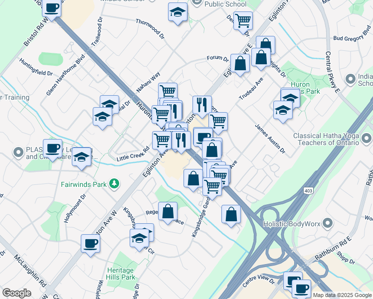 map of restaurants, bars, coffee shops, grocery stores, and more near 4628 Hurontario Street in Mississauga