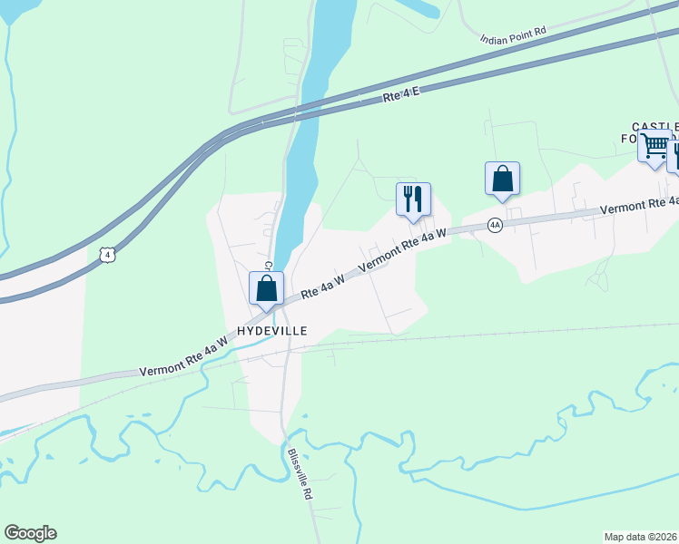 map of restaurants, bars, coffee shops, grocery stores, and more near 1122 Vermont 4A in Castleton