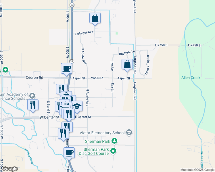 map of restaurants, bars, coffee shops, grocery stores, and more near 177 Alpine Trail in Victor