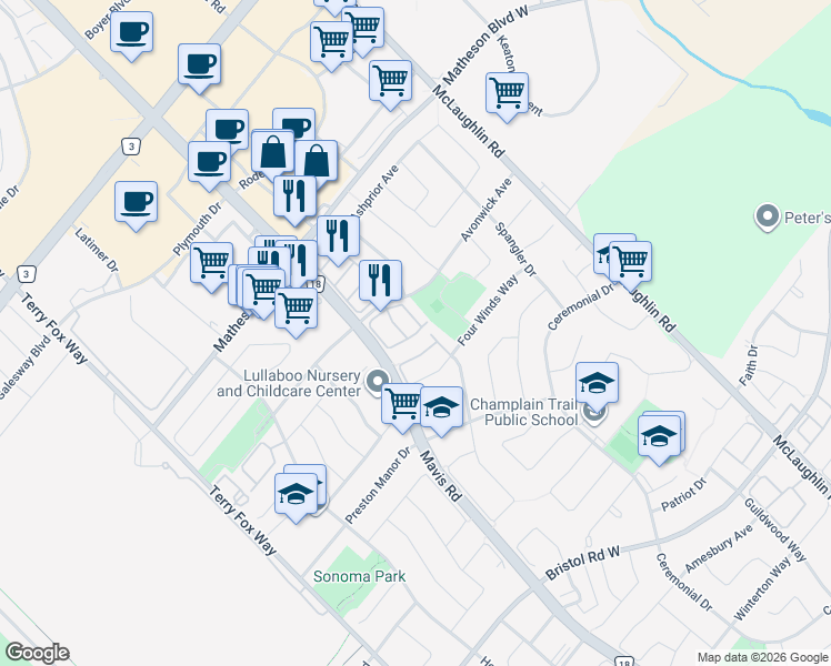 map of restaurants, bars, coffee shops, grocery stores, and more near 720 Avonwick Avenue in Mississauga