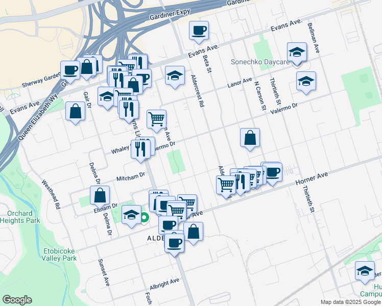map of restaurants, bars, coffee shops, grocery stores, and more near 207 Hallmark Avenue in Toronto
