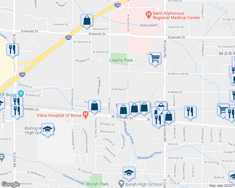 map of restaurants, bars, coffee shops, grocery stores, and more near 211 North Sea Fury Lane in Boise