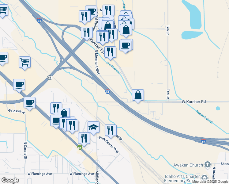 map of restaurants, bars, coffee shops, grocery stores, and more near 16150 North Merchant Way in Nampa