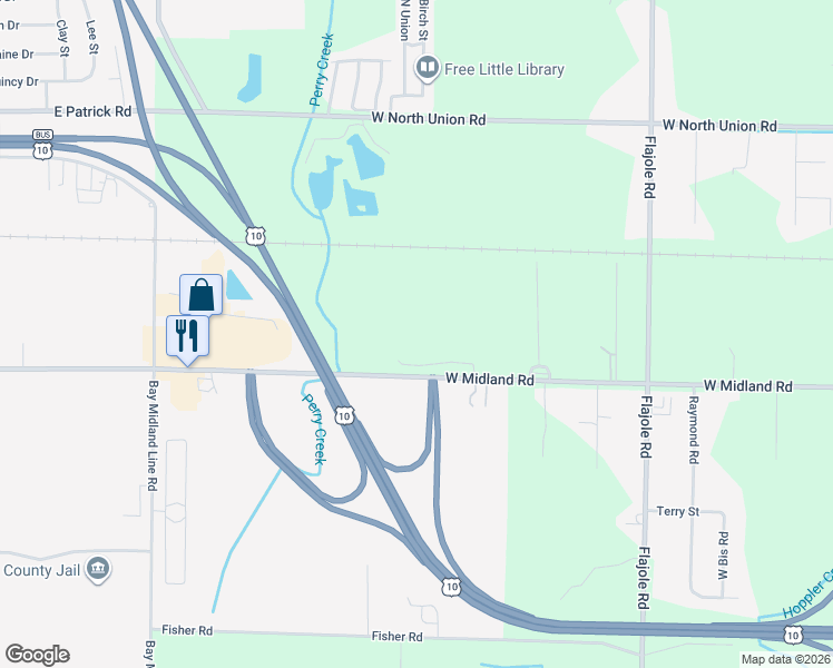 map of restaurants, bars, coffee shops, grocery stores, and more near 2778-2780 West Midland Road in Midland Township