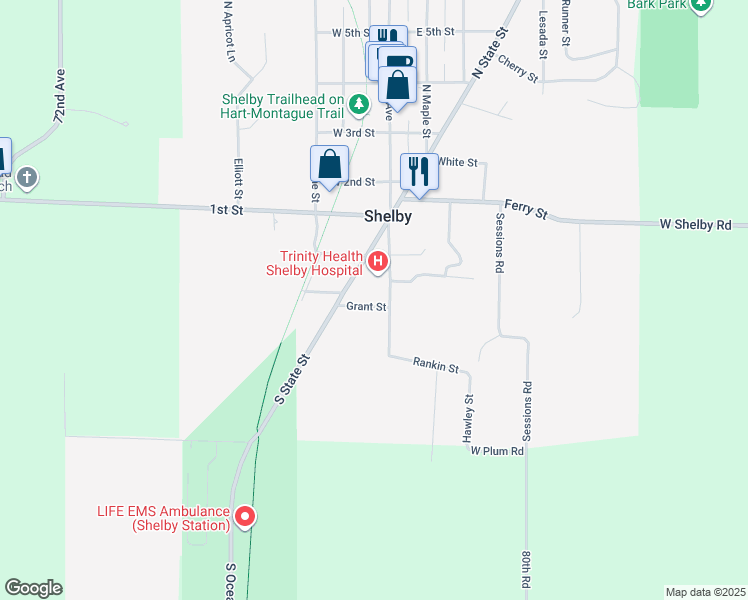 map of restaurants, bars, coffee shops, grocery stores, and more near 110 South Michigan Avenue in Shelby