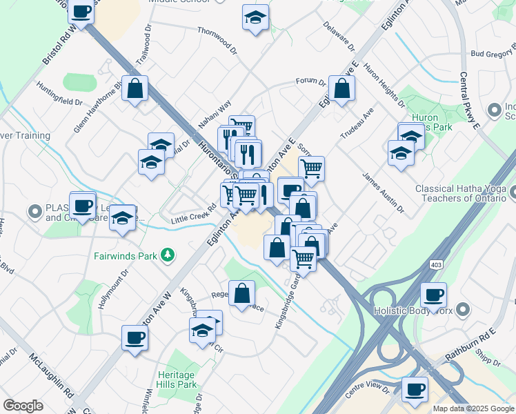 map of restaurants, bars, coffee shops, grocery stores, and more near 26 Eglinton Avenue West in Mississauga