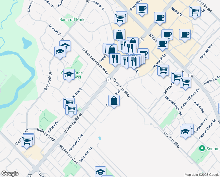 map of restaurants, bars, coffee shops, grocery stores, and more near 5805 Gant Crescent in Mississauga