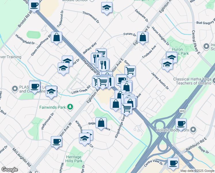 map of restaurants, bars, coffee shops, grocery stores, and more near 26 Eglinton Avenue West in Mississauga