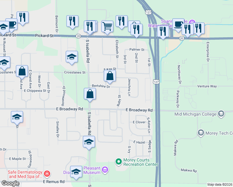 map of restaurants, bars, coffee shops, grocery stores, and more near 5130-5218 Bertshire Dr in Mt Pleasant