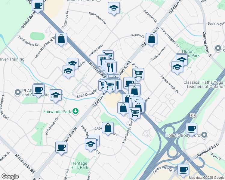 map of restaurants, bars, coffee shops, grocery stores, and more near 30 Eglinton Avenue West in Mississauga
