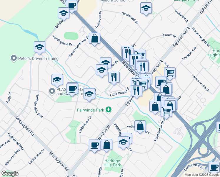 map of restaurants, bars, coffee shops, grocery stores, and more near 90 Little Creek Road in Mississauga
