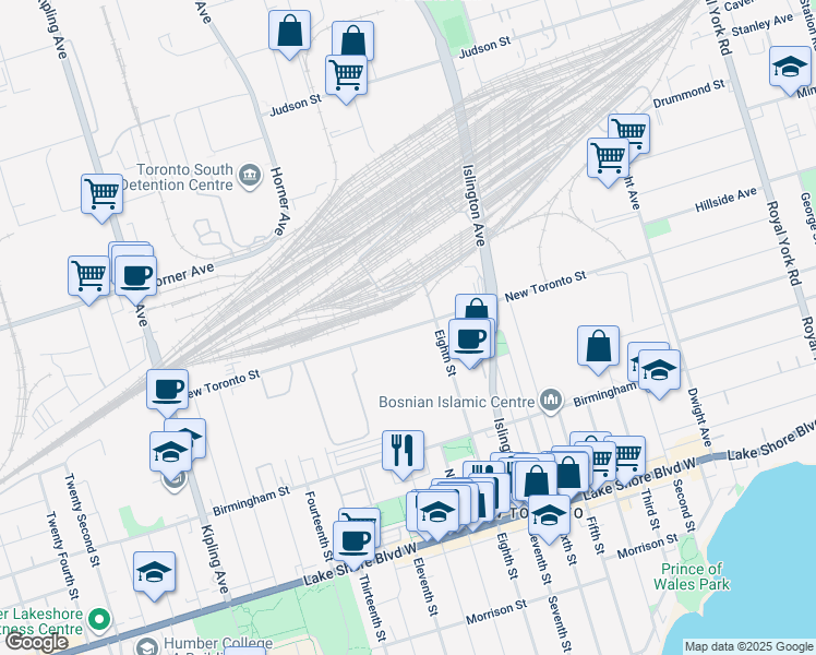 map of restaurants, bars, coffee shops, grocery stores, and more near New Toronto Street in Toronto