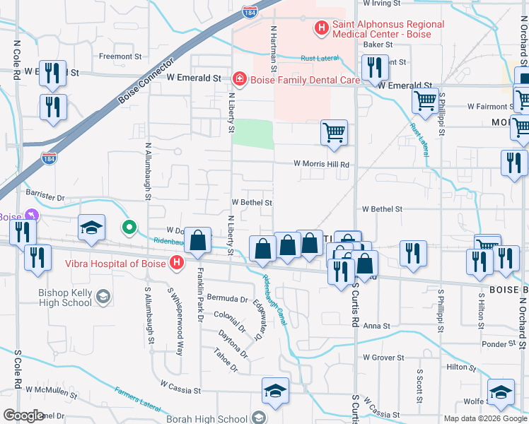 map of restaurants, bars, coffee shops, grocery stores, and more near 214 North Avenger Lane in Boise