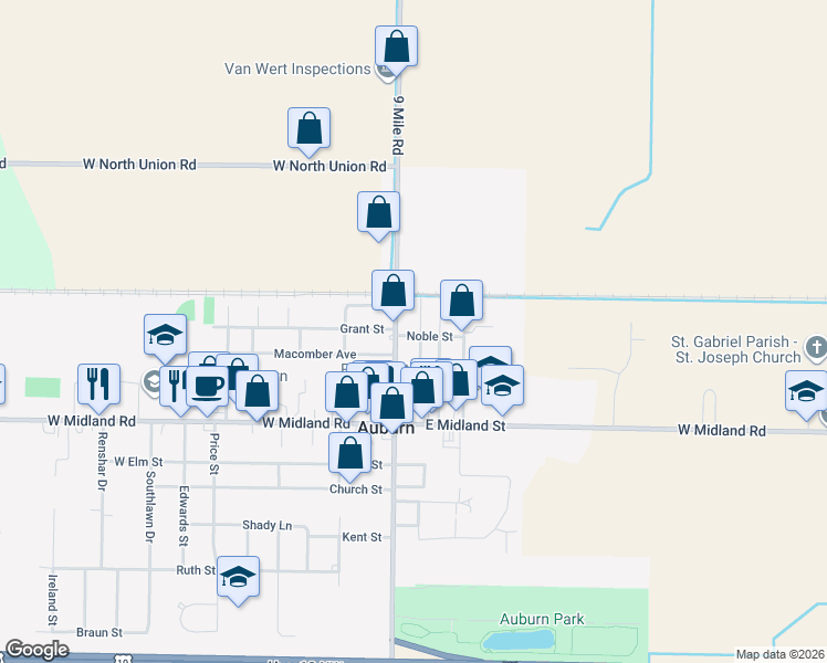 map of restaurants, bars, coffee shops, grocery stores, and more near 308 North Auburn Road in Auburn