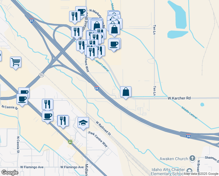 map of restaurants, bars, coffee shops, grocery stores, and more near 16056 North Merchant Way in Nampa
