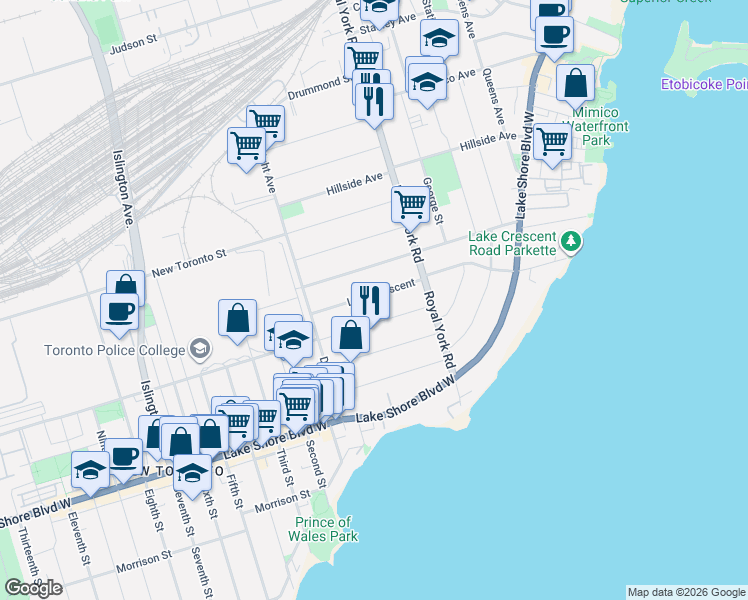 map of restaurants, bars, coffee shops, grocery stores, and more near 93 Lake Crescent in Toronto