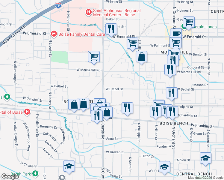 map of restaurants, bars, coffee shops, grocery stores, and more near 201 West Bethel Street in Boise